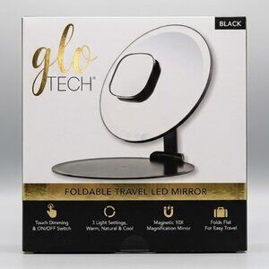 Glo Tech LED Travel Mirror Foldable Compact Lighted NEW Touch Dimming Black